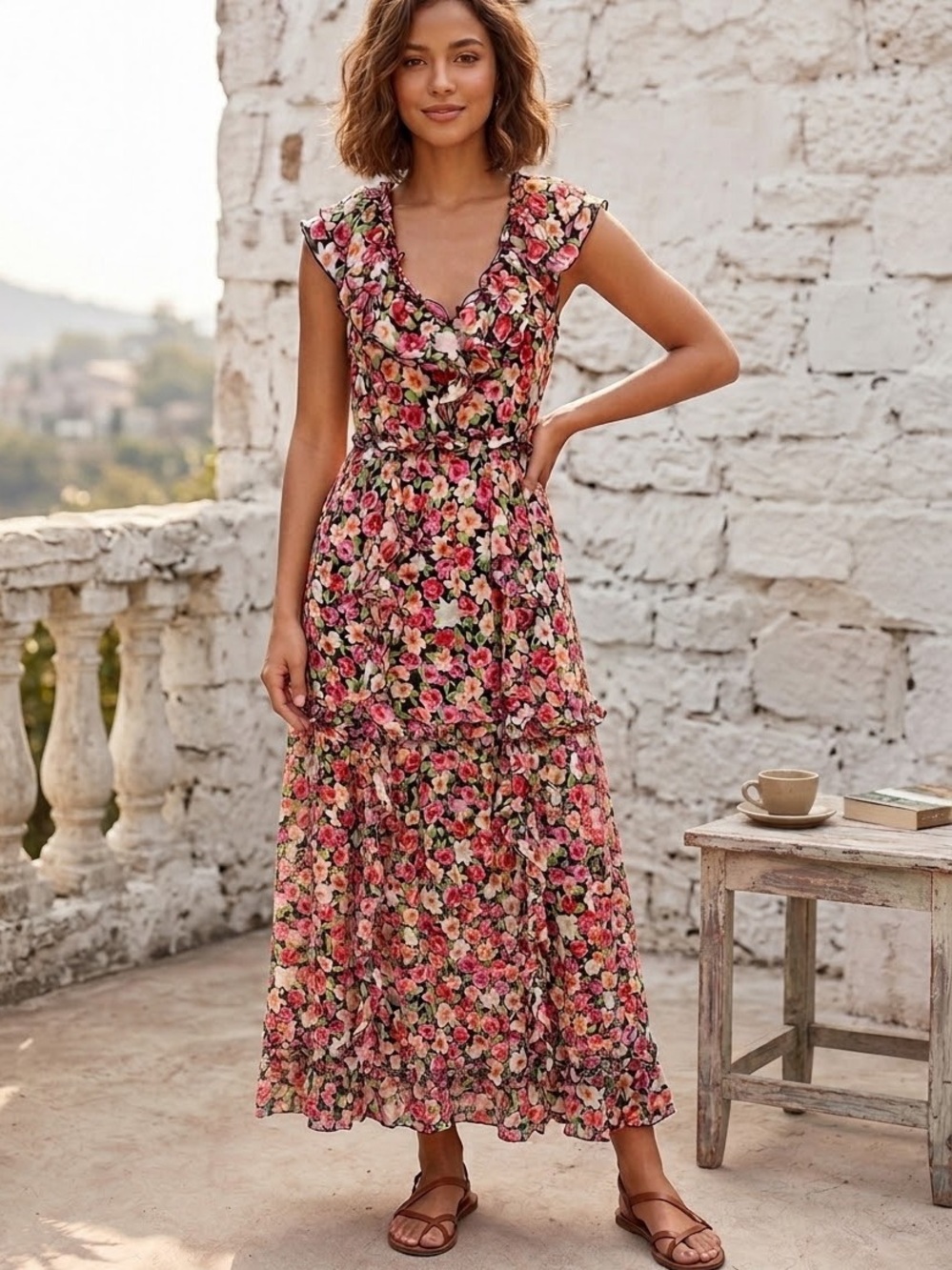 Sezane Georgia Floral Ruffle Tiered Maxi Dress size 4 NWT